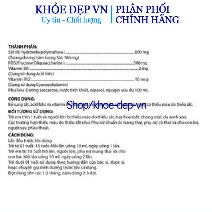 Siro Bổ máu Paris cho bà bầu và trẻ từ 1 tuổi - Bổ sung sắt, Acid Folic Vitamin B9, B12 - Dạng siro an toàn