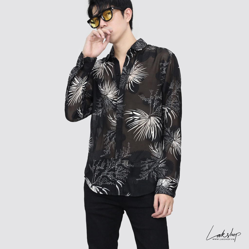 Áo sơmi xuyên thấu Lak Studios Fan Palm x Paisley Black Silk Shirt