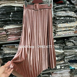 Chân váy dập li nhung cao cấp kèm đai