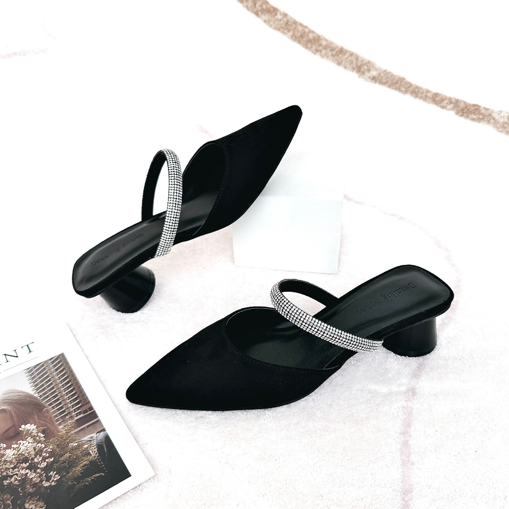 Giày sục nữ cao gót 4cm mũi nhọn dây ngang đính xoàn DAZZLING SHOES, đế pháp chống trơn trượt kiểu dáng thời trang SU55