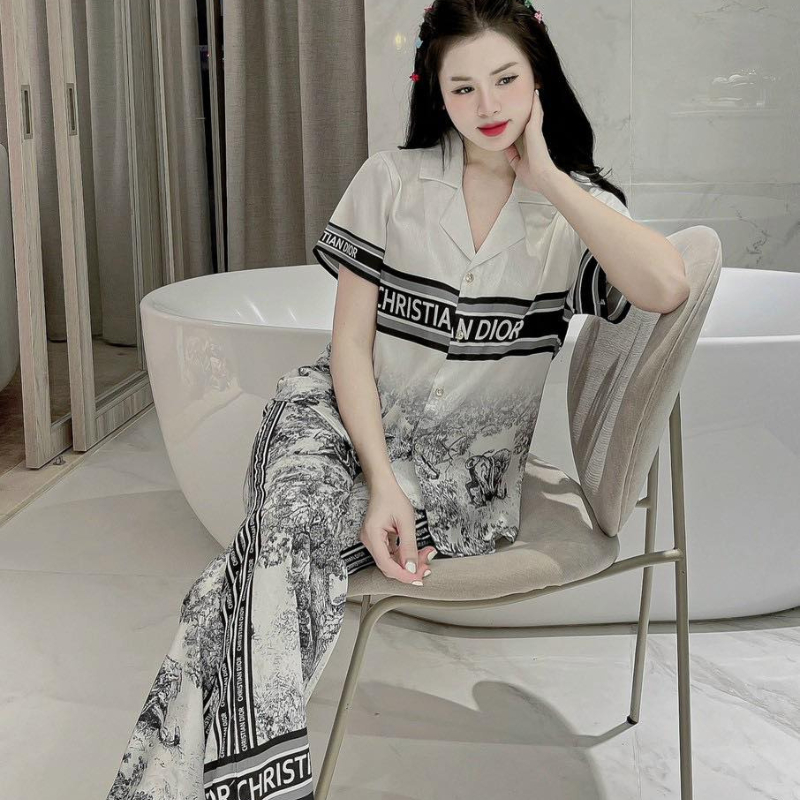 Đồ bộ mặc nhà pijama lụa tay ngắn quần dài hoạ tiết, mềm mịn, TMshop