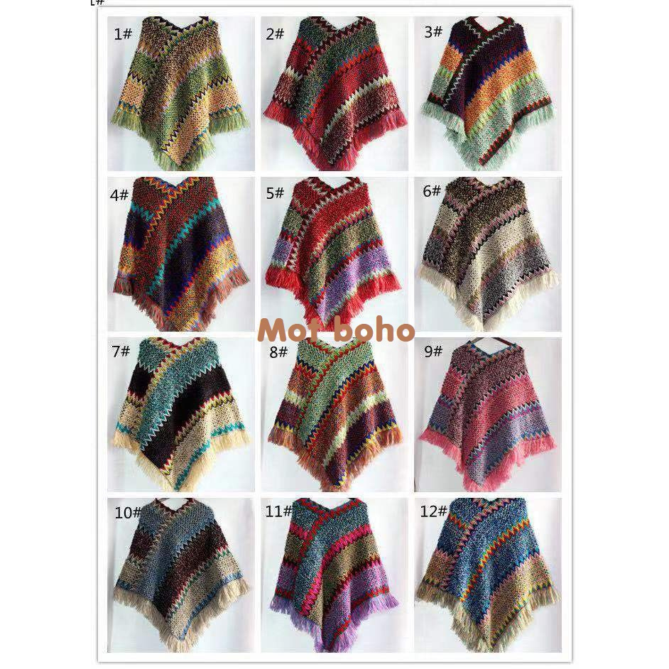 Áo poncho thổ cẩm, tua rua đỏ cam
