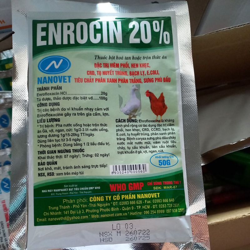 ENROCIN 20% 50G viêm phổi, hen khẹc, tụ huyết trùng, phân xanh trắng