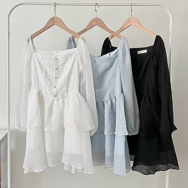 Đầm váy nữ xếp tầng tay phồng tiểu thư có lớp lót bên trong vải tơ sóng nhẹ nhàng V14 | BigBuy360 - bigbuy360.vn