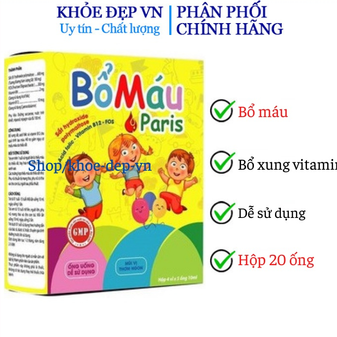 Siro Bổ máu Paris cho bà bầu và trẻ từ 1 tuổi - Bổ sung sắt, Acid Folic Vitamin B9, B12 - Dạng siro an toàn