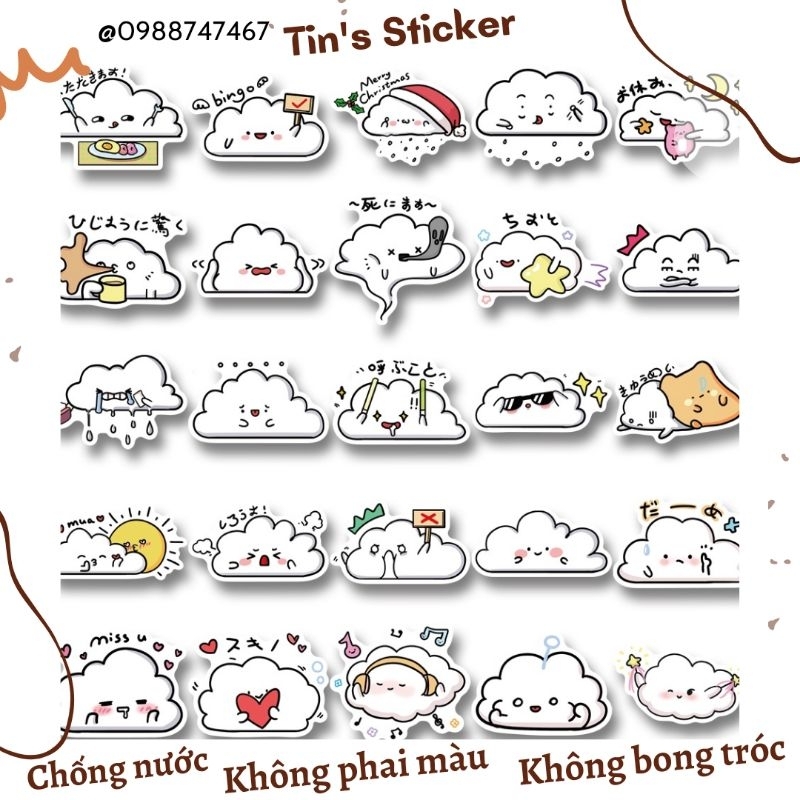 Set combo 50 miếng dán sticker đám mây cute đáng yêu dán nón mũ bảo hiểm laptop vali sổ đàn guitar điện thoại tủ lạnh