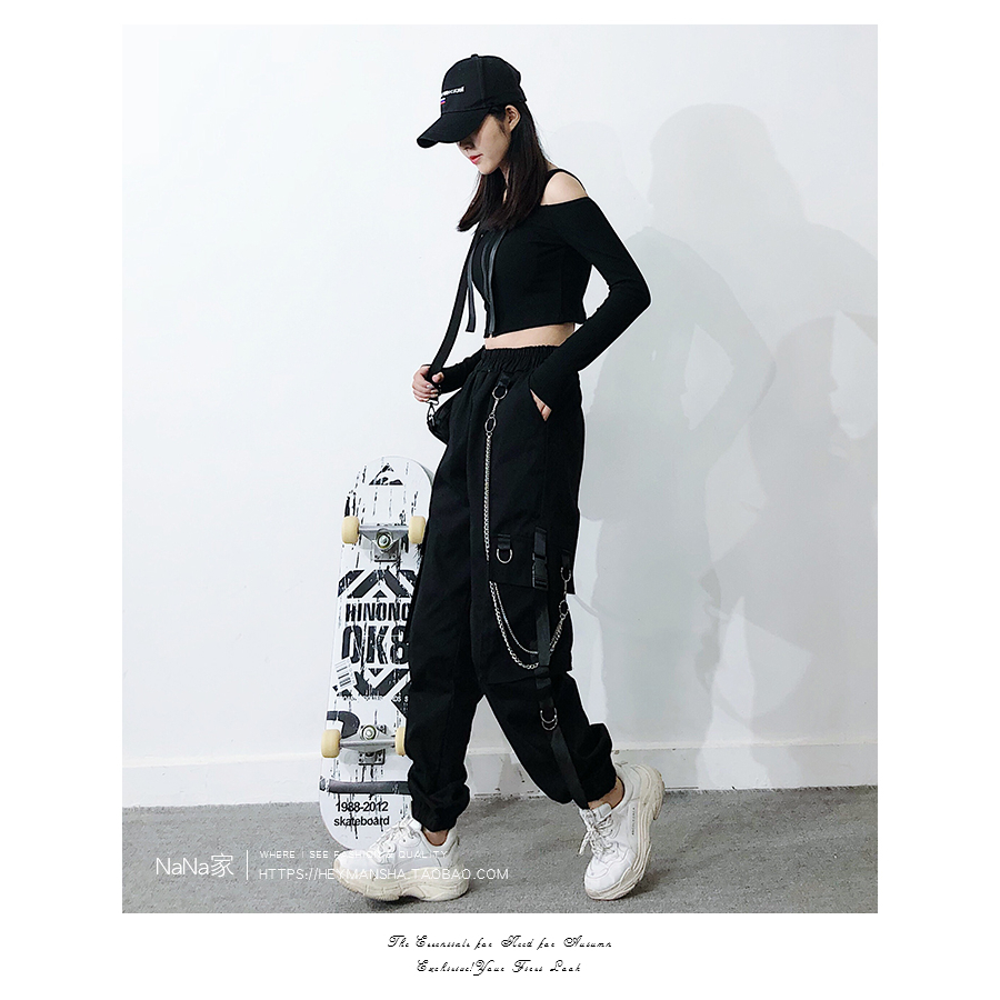 Quần Dài Hip Hop Lưng Cao Dáng Rộng Mỏng Q041 Quần jogger bo gấu Có Dây Xích Phong Cách Harajuku Hàn Quốc Cho Nữ