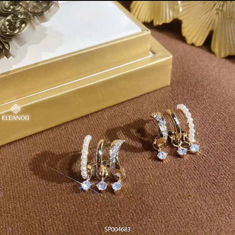 Bông tai nữ chuôi bạc 925 Eleanor Accessories đính đá ngọc trai nhân tạo phụ kiện trang sức dáng cong ba vòng