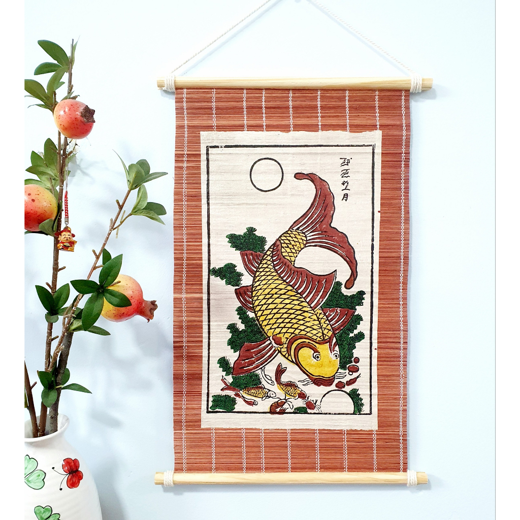 Tranh Đông Hồ Cá chép trông trăng Lý ngư vọng nguyệt - Moon-looking Carp - Dong Ho folk woo