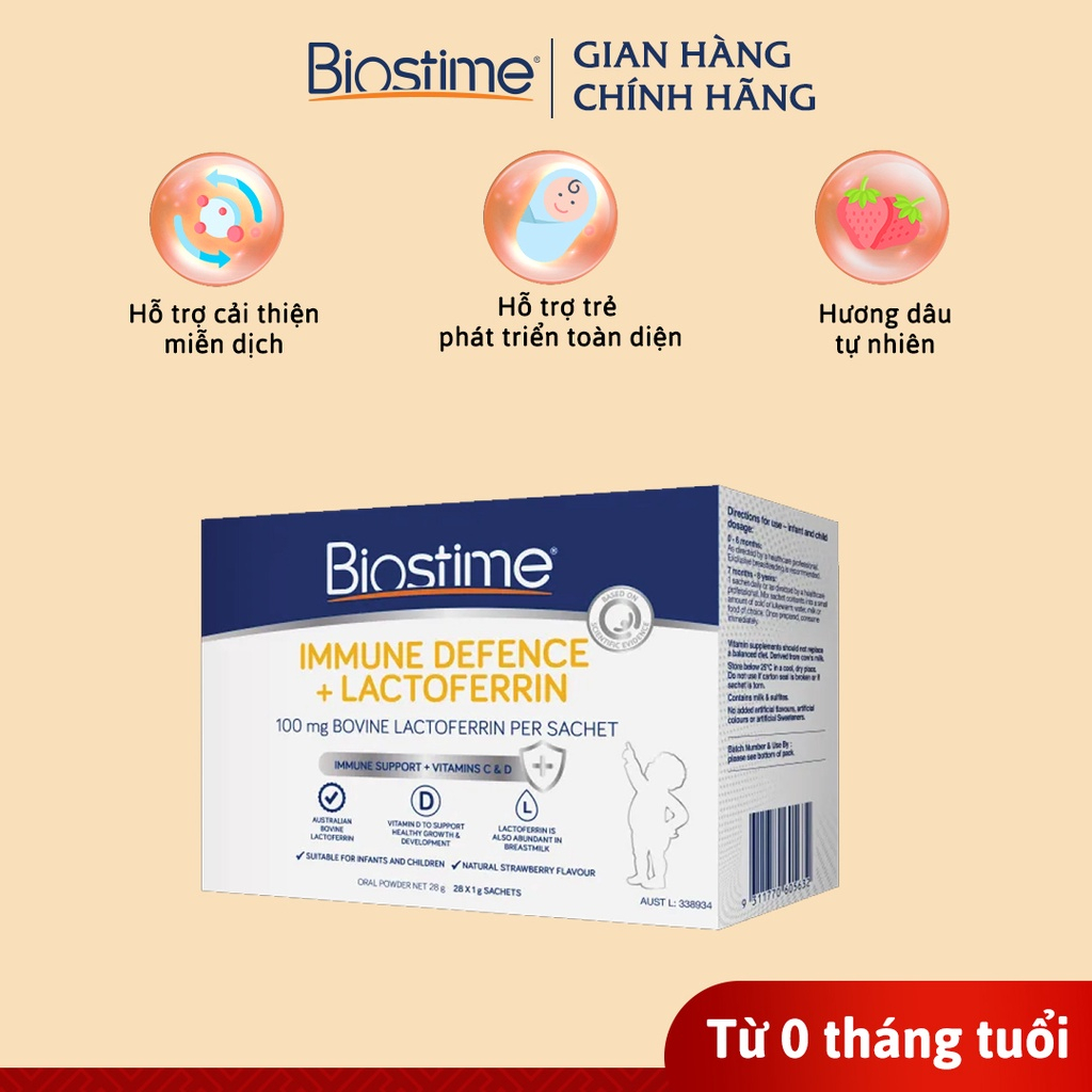 [Mã BMLTB200 giảm đến 100K đơn 499K] Biostime Immune Defence + Lactoferrin, tăng cường đề kháng, hương dâu hộp 28 gói 2g