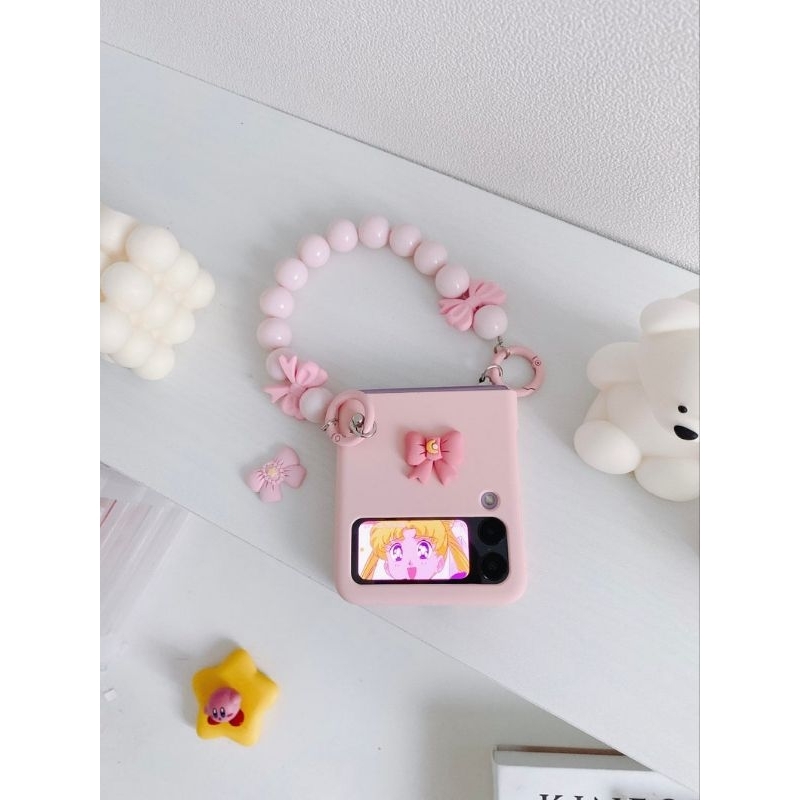 Ốp Z Flip 4 - Z Flip 3 - Z Flip3 - Flip4 5G hồng pastel charm dễ thương kèm dây hạt nơ tiểu thư xinh xắn