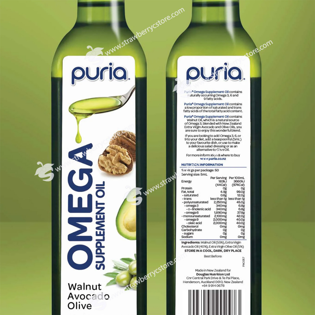 Hỗn hợp Dầu Thực Vật Bao Gồm Quả Bơ, Hạt Óc Chó, Dầu Oliu Bổ Sung Omega 3, 6, 9 Puria Omega Supplement Oil, Chai 250 mL