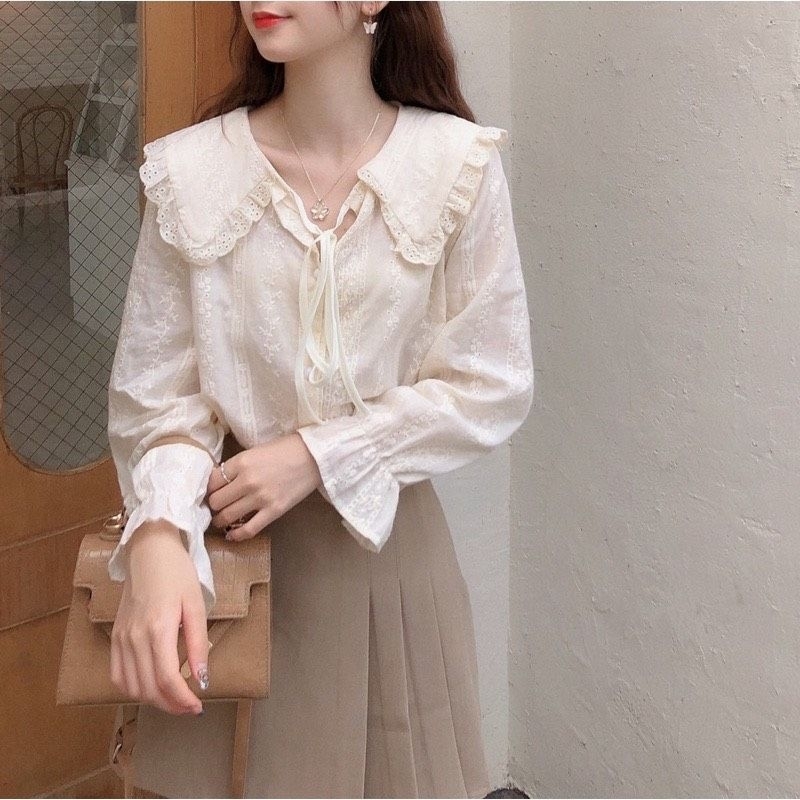 Áo sơ mi thô cách điệu cổ bèo cổ nơ họa tiết hoa chìm form rộng ulzzang Hàn Quốc - Ảnh thật Yena Closet #598