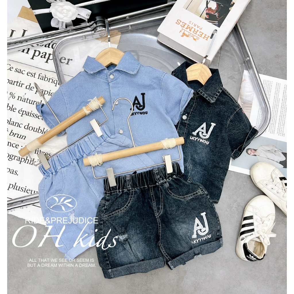 Đồ bộ bé trai , Set bộ jeans cộc tay Áo sơ mi bò thêu chữ AJ sắc nét phối quần bò ráchsành điệu cho bé