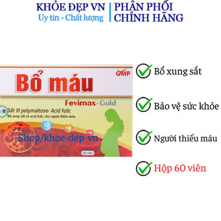 Viên uống Bổ máu Fevimax Gold bổ sung Sắt, Acid Folic cho người thiếu máu, phụ nữ mang thai và cho con bú - Hộp 60 viên