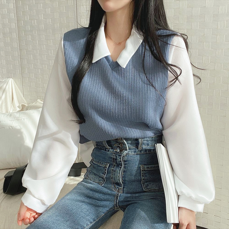 Kamyl Áo Thun Polo Giả Hai Lớp Tay áo dài Dáng Rộng Màu Sắc Tương Phản Thời Trang Dành Cho Nữ