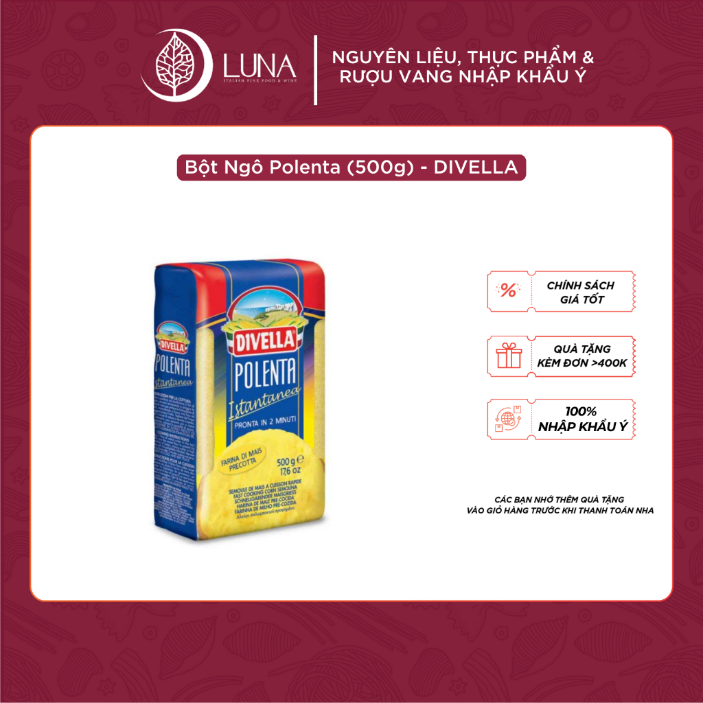 Bột Ngô Polenta DIVELLA gói 500g [Bột Bắp Polenta Chính Hãng]