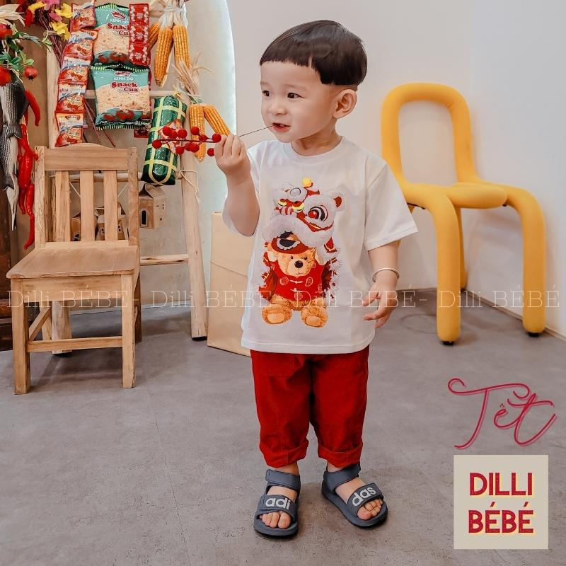 Bộ Tết 2023 áo thun Gấu Lân cộc tay quần nhung đồ tết gân đi học chơi cho bé trai bé gái trẻ em 12345 tuôi - Dilli Bebe