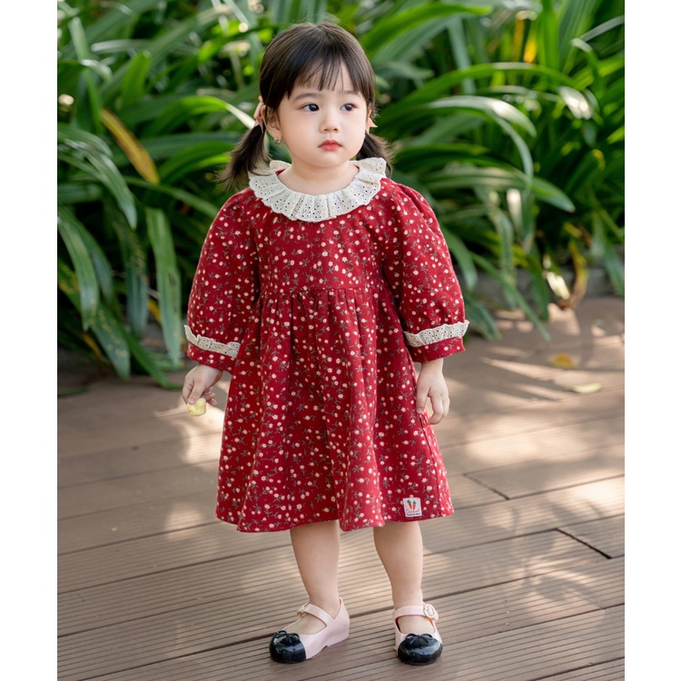 Váy bé gái dài tay họa tiết hoa nhí, Đầm bé gái đỏ hồng vàng chất thô cà bông cao cấp