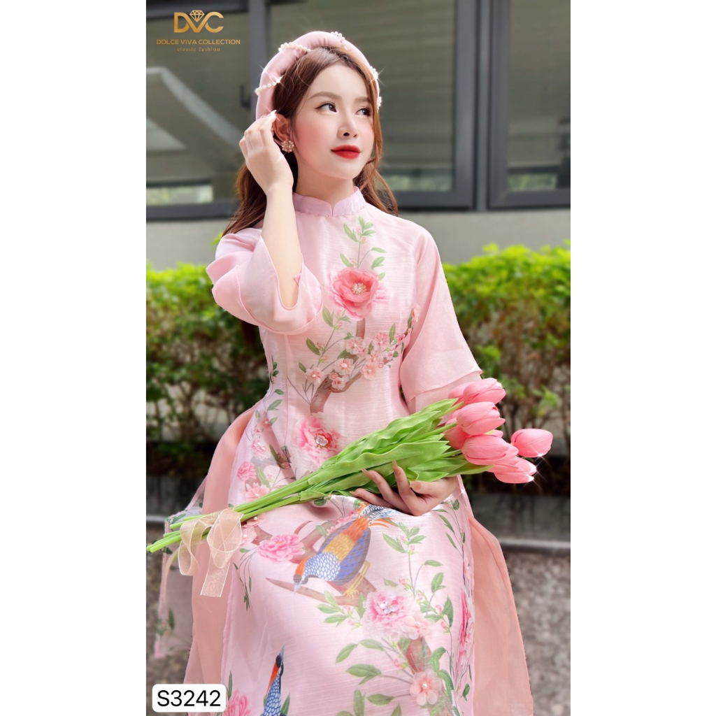 SET ÁO DÀI HỒNG PHẤN TAY LỬNG KÈM MẤN S3242 -DVC
