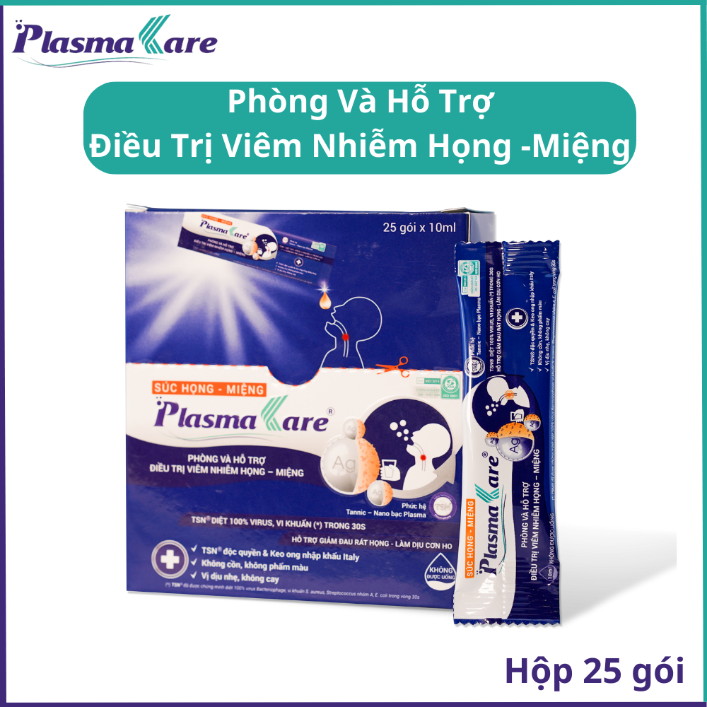 Súc họng miệng nano bạc PlasmaKare (Hộp 25 túi, 1 túi 10ml) kiểm soát nhiễm trùng miệng họng bằng phức hệ TSN