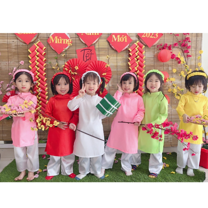 Áo Dài Cách Tân Trơn Cho Bé Trai Bé Gái. Sét Tân Thời Mặc Tết Chất Liệu Phi Lụa Mềm Mịn, Óng Ánh