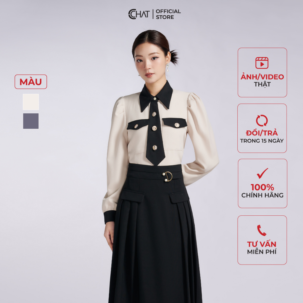 Áo Sơ Mi Nữ 𝐂𝐂𝐇𝐀𝐓 Cà Vạt Giả Chất Tuytsi Cao Cấp 62FDS8009ST