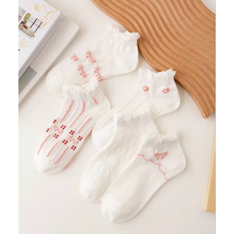 Set 5 đôi tất phối màu trắng và hồng cổ ngắn siêu xinh kiểu ren hàng đẹp giá rẽ mẫu mới hot hit