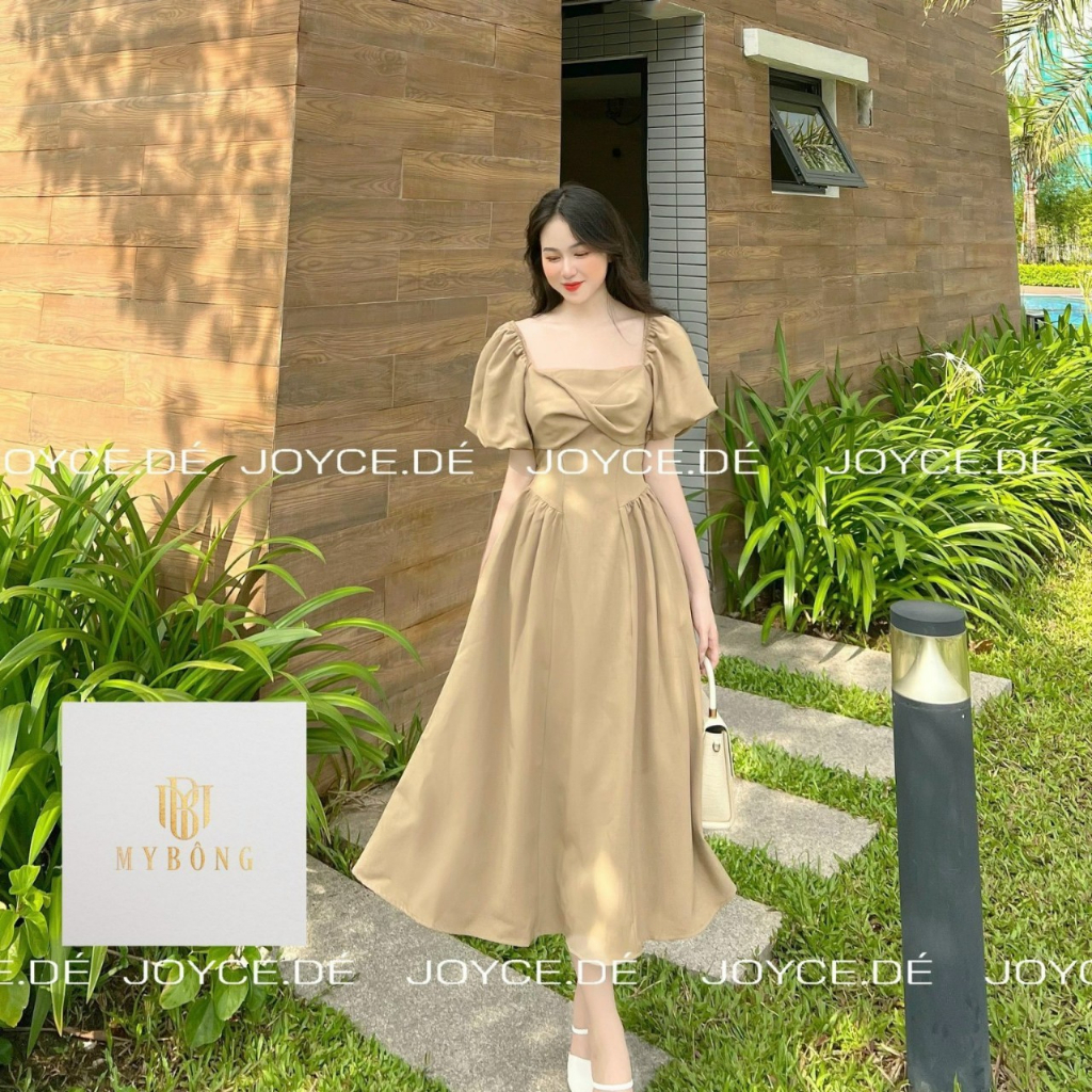 Đầm maxi cô vuông xoắn ngực  tay bồng mã mb7