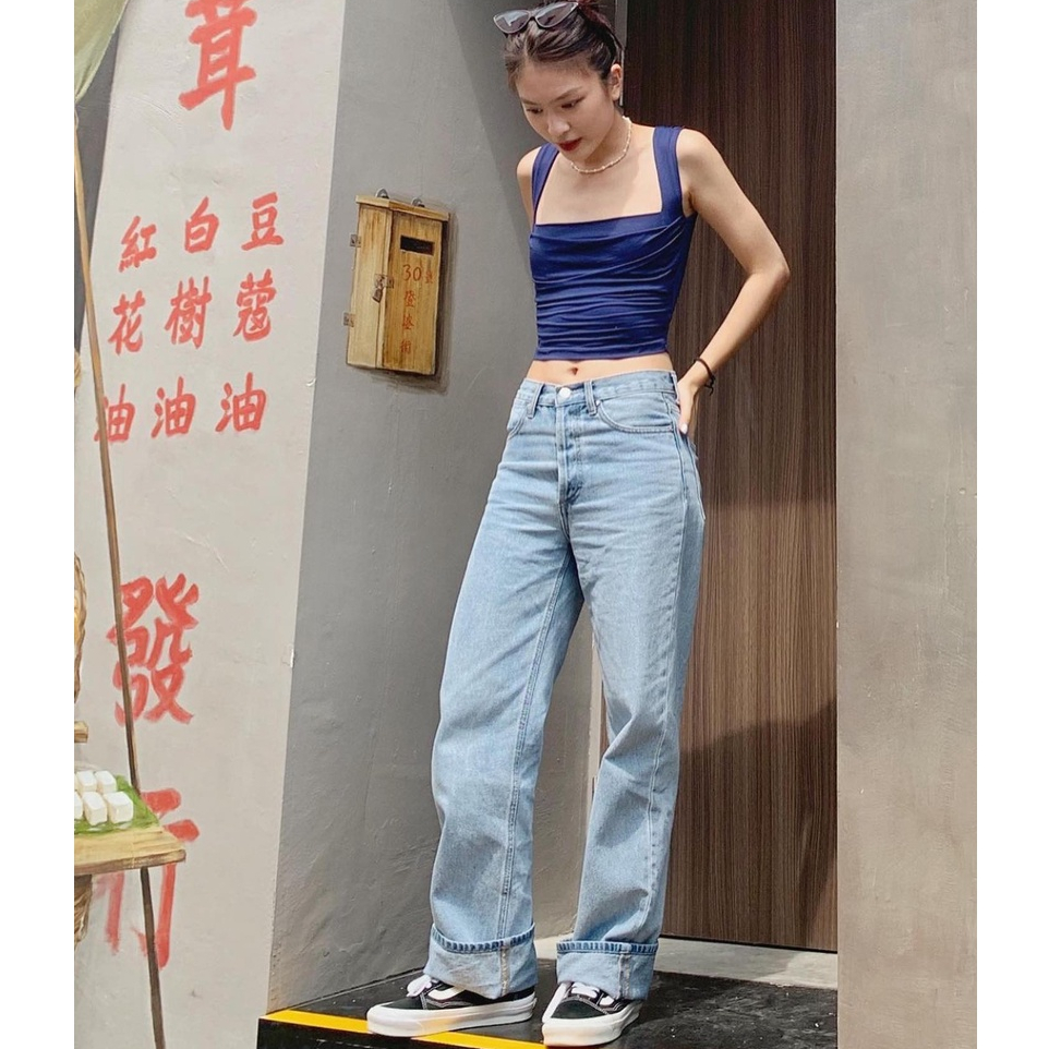 TheBlueTshirt - Quần Jeans Nữ Lưng Cao Ống Suông Màu Xanh Nhạt - The Original Grandpa Jeans