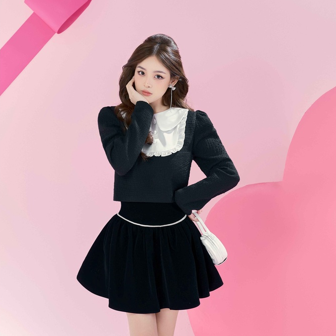 Áo Tweed Kiểu Nữ Cổ Sen Màu Đen Phối Yếm Trắng Tay Bồng Dài Form Rộng Tiểu Thư Đi Làm, Đi Học, Đi Chơi - Jacy Blouse