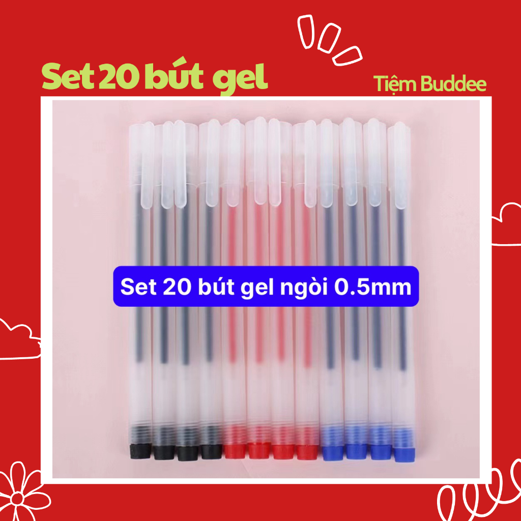 Set 20 Bút Gel Nhanh Khô Mực Xanh, Đen, Đỏ Ngòi 0.5mm