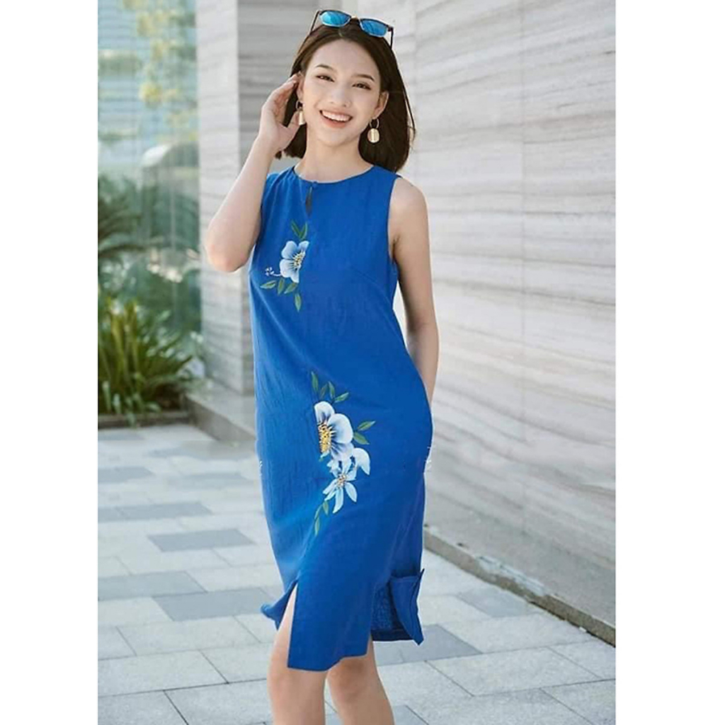 (TỔNG KHO LÂM ANH CHUYÊN SỈ) Đầm suông Linen Hàn sát nách dáng yếm xẻ trước thêu hoa trẻ trung, chất liệu Linen nhập Hàn