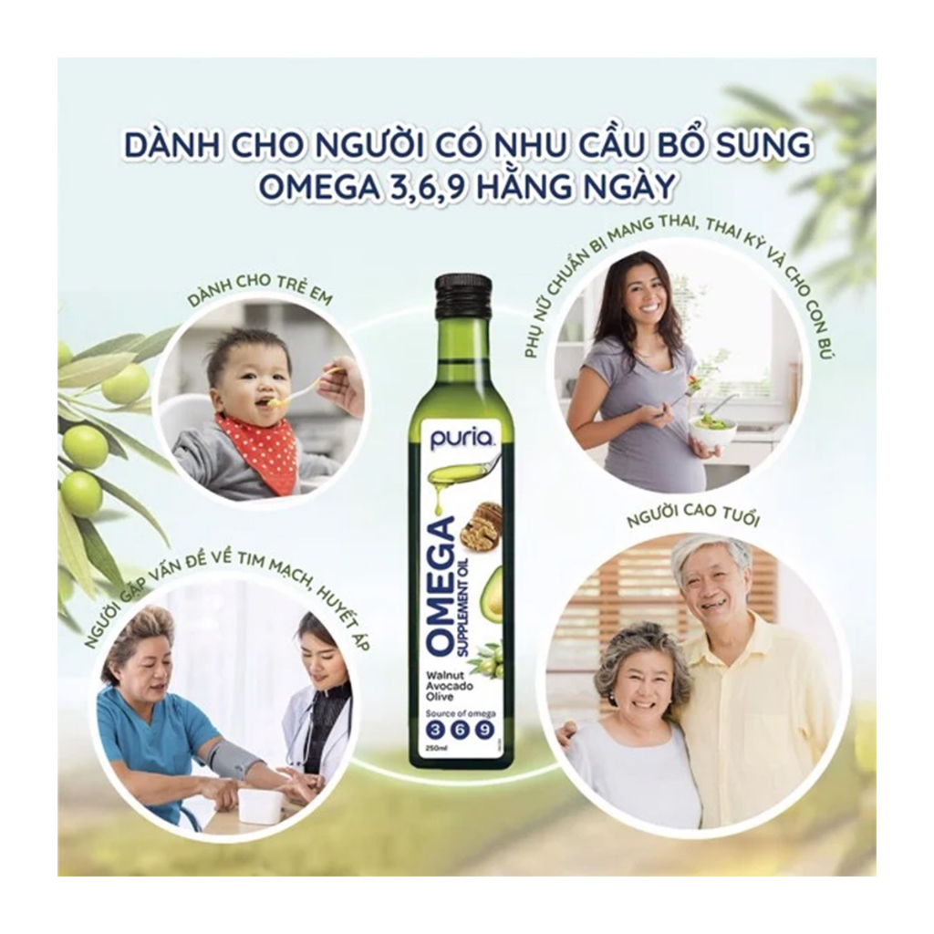 Hỗn hợp Dầu Thực Vật Bao Gồm Quả Bơ, Hạt Óc Chó, Dầu Oliu Bổ Sung Omega 3, 6, 9 Puria Omega Supplement Oil, Chai 250 mL