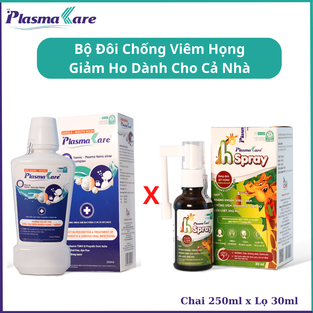 Bảo vệ họng Combo 01 nước súc miệng họng nano bạc PlasmaKare và 01 xịt họng PlasmaKare H-spray hết ho, đau rát họng, VlÊ