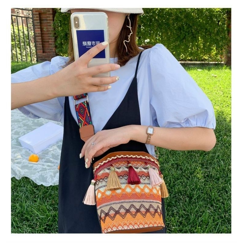 Túi Xách Đeo Vai Vải Dệt Kiểu Dáng Hình Học Phong Cách Vitage Han Quốc, Túi Dệt Thổ Cẩm Vitage Dễ Thương Phnghiep