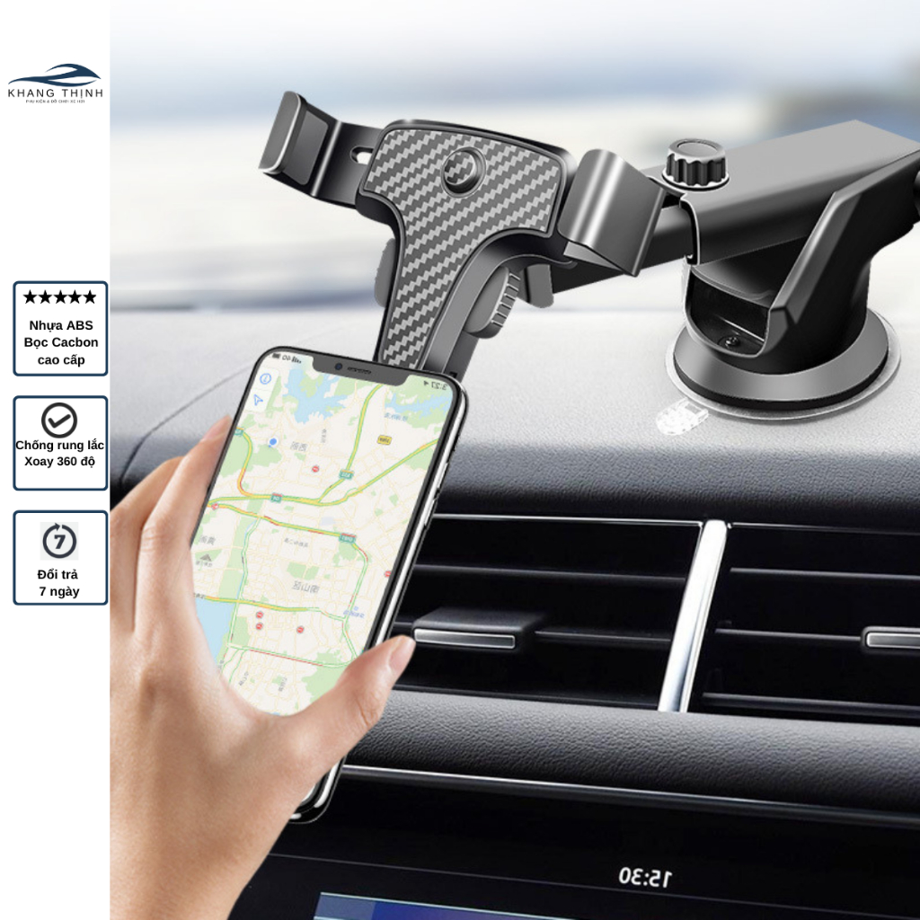 Giá đỡ điện thoại trên ô tô kẹp gắn cửa gió điều hoà, xoay 360 độ vân cacbon ABS chắc chắn Khang Thịnh | BigBuy360 - bigbuy360.vn