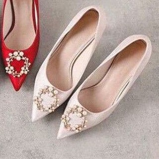 Giày cao gót cưới MYLA lụa ánh kim đính tag đá tròn đỏ, kem 7cm size 37