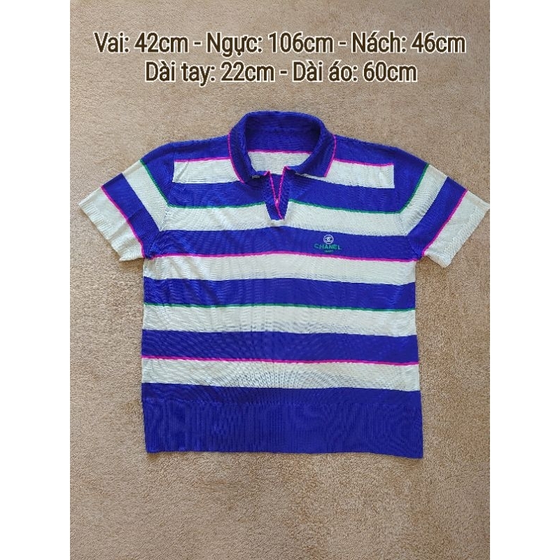 Áo len mông tơ ghi nữ cổ polo tay ngắn kẻ sọc ngang xanh phối trắng thêu chữ - Secondhand - 2hand - Used goods