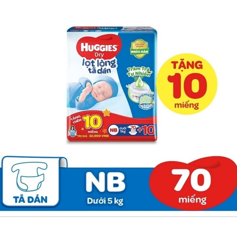 Combo 2 Bịch Tã Dán Sơ Sinh Huggies NB70 +10 Miếng < 5kg (mẫu mới)