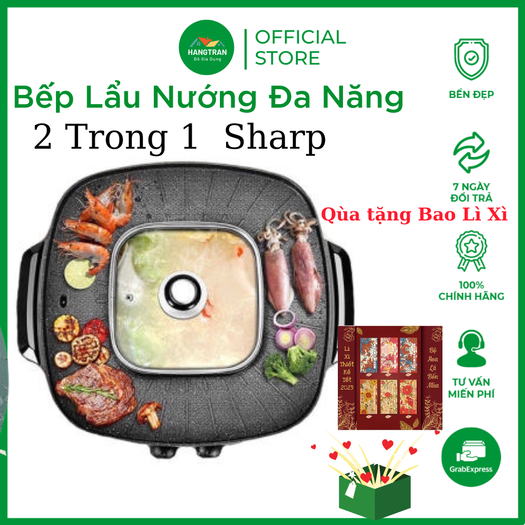 Nồi Lẩu Nướng,Bếp Lẩu Nướng Đa Năng 2 Trong 1 SHARP Công Suất 2000w Hàng Chính Hãng