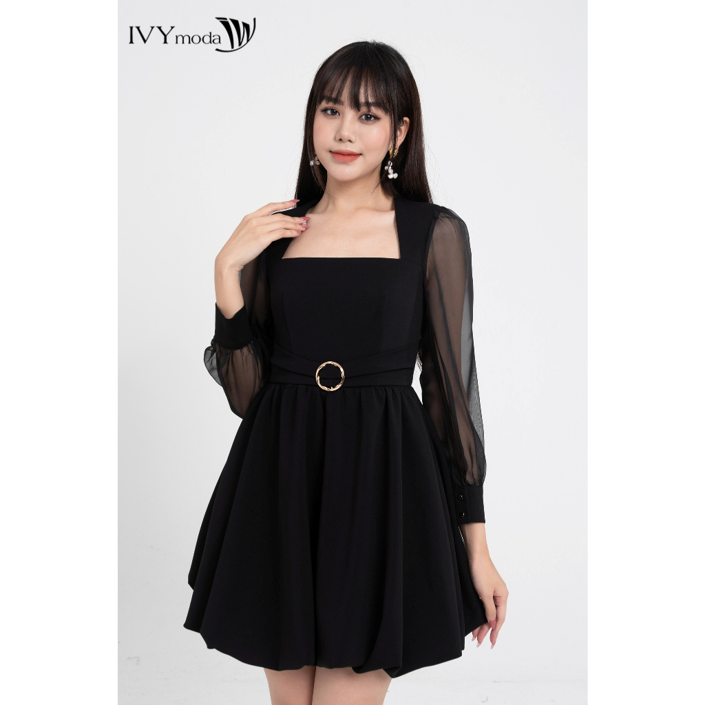 Đầm xòe nữ tay phối voan lưới IVY moda MS 48M8223