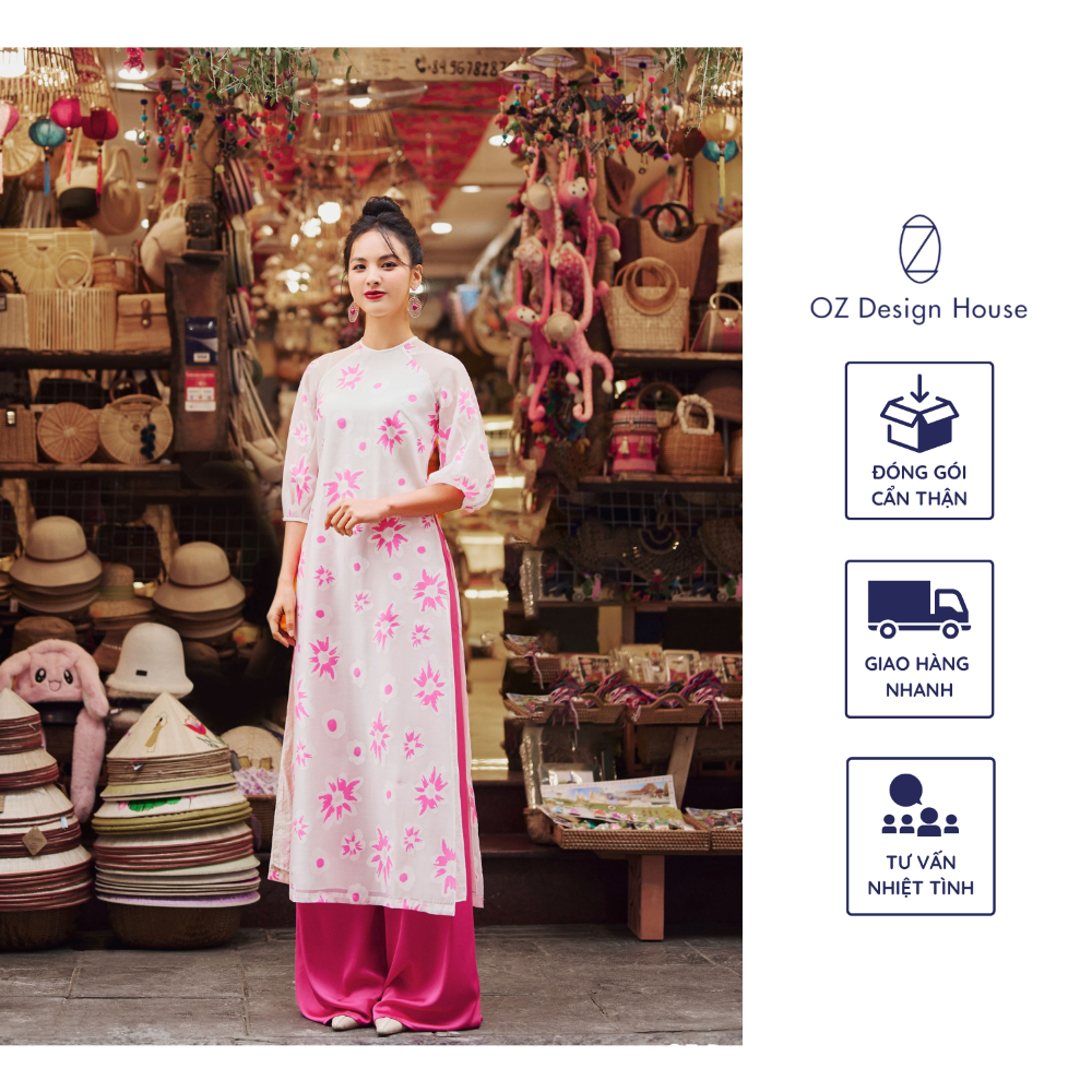 (Không kèm quần) Áo dài OZ Design House AD08269TET22 organza cổ tròn tay bồng hoa màu hồng hai lớp nền trắng