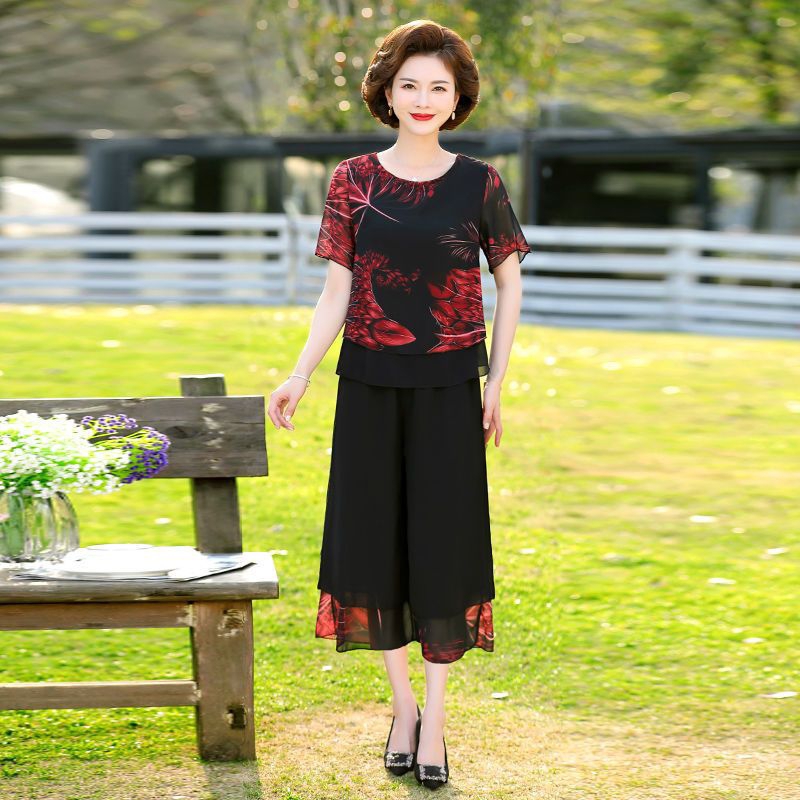 Bộ đồ trung niên mùa hè vải voan lụa hàng quảng châu