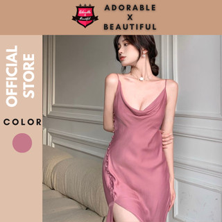 [Ảnh Thật] Đầm Lụa Dài Dự Tiệc Hai Dây Xẻ Đùi Nút, Váy Đi Tiệc Cami Hồng Trễ Ngực Sang Trọng Sexy [AdorablexBeautiful]