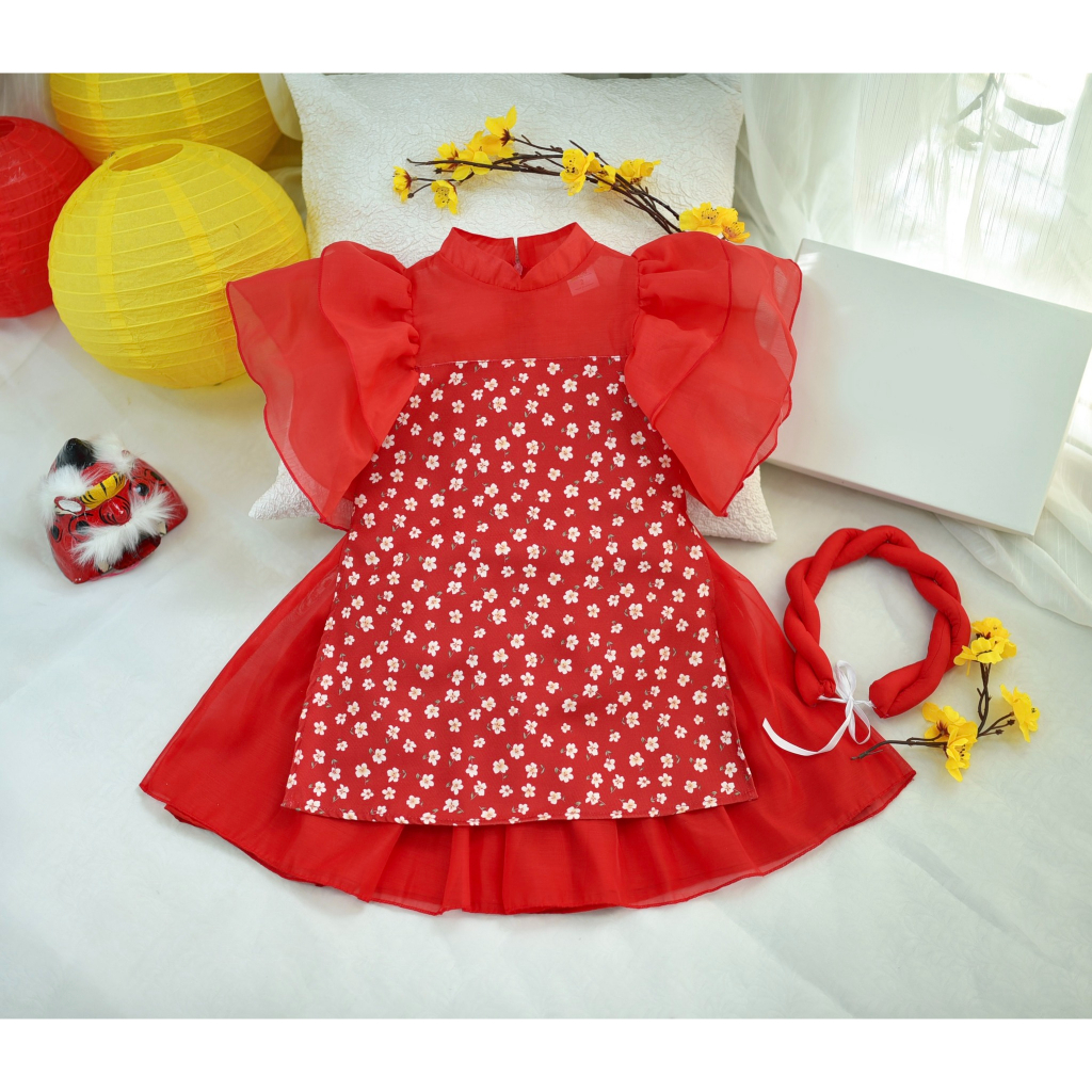 Áo Dài Cho Bé Gái Cách Tân Họa Tiết Hoa Sen Tay Bồng Chất Tơ Óng Mềm Mại Màu Sắc Nhẹ Nhàng 8 - 32Kg