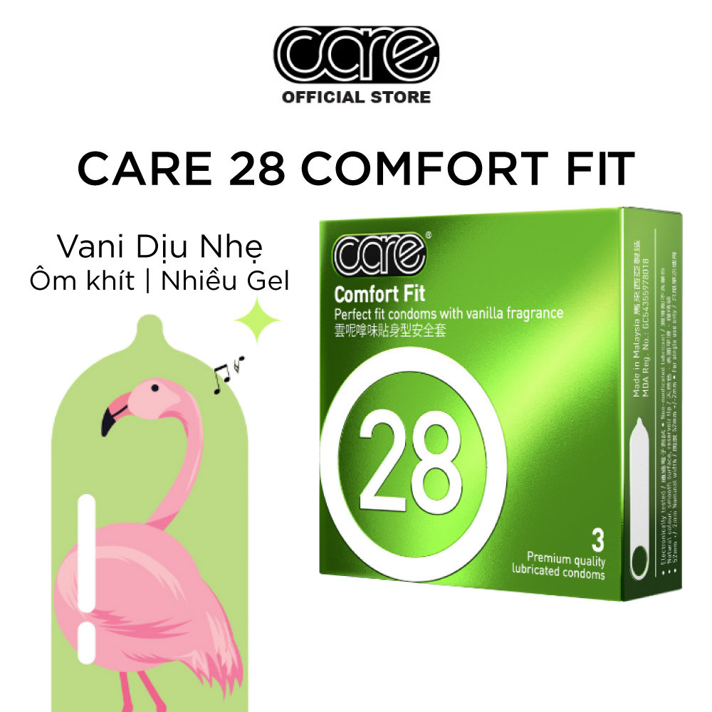 Bao cao su mỏng trơn truyền thồng CARE 28, nhiều gel bôi trơn, hương vani, kéo dài thời gian - hộp 3 bcs