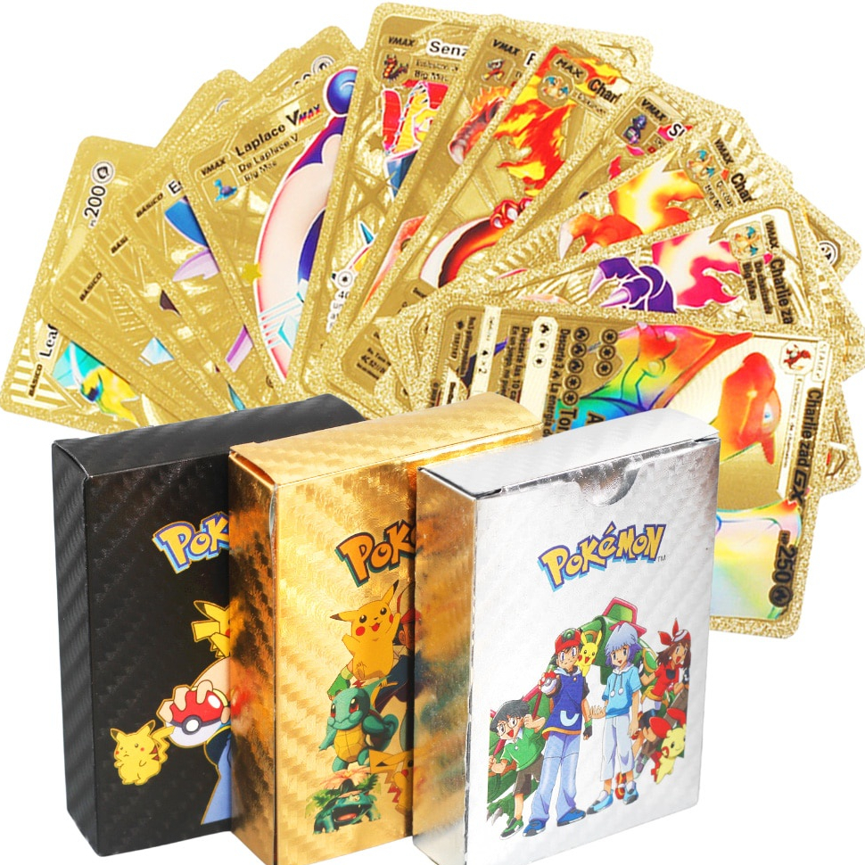 ✅[55 Thẻ Vip] Thẻ Bài Pokemon Kim Loại Vàng - Bạc - Đen Siêu Xịn Sò. Trò Chơi Đối Kháng Không Có Quân Bài Trùng