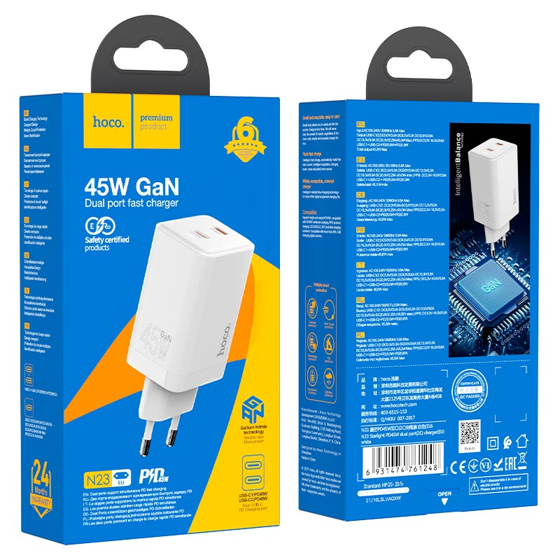Cốc sạc nhanh 2 cổng Hoco N23 TypeC PD 45W GaN (Trắng) - Hãng phân phối