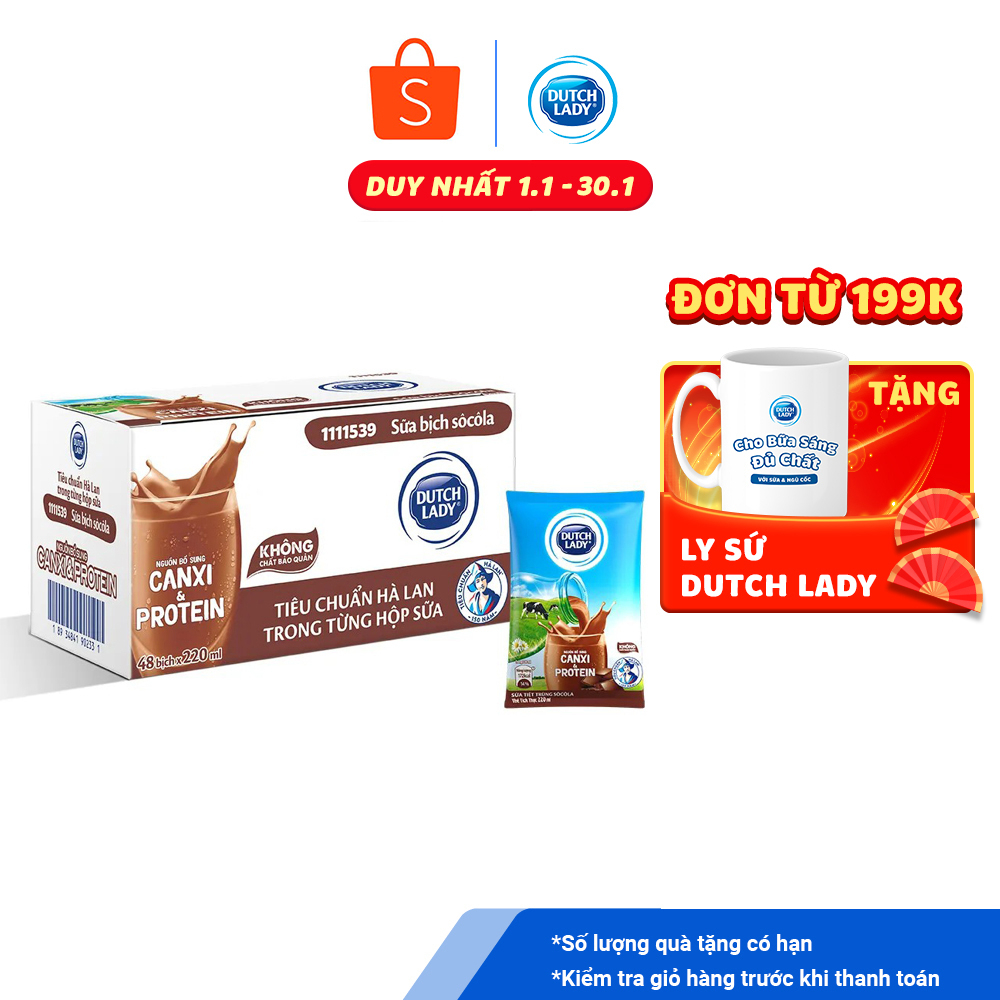 Thùng 48 Bịch Sữa Tiệt Trùng Dutch Lady Cô Gái Hà Lan Socola (48X210ml)
